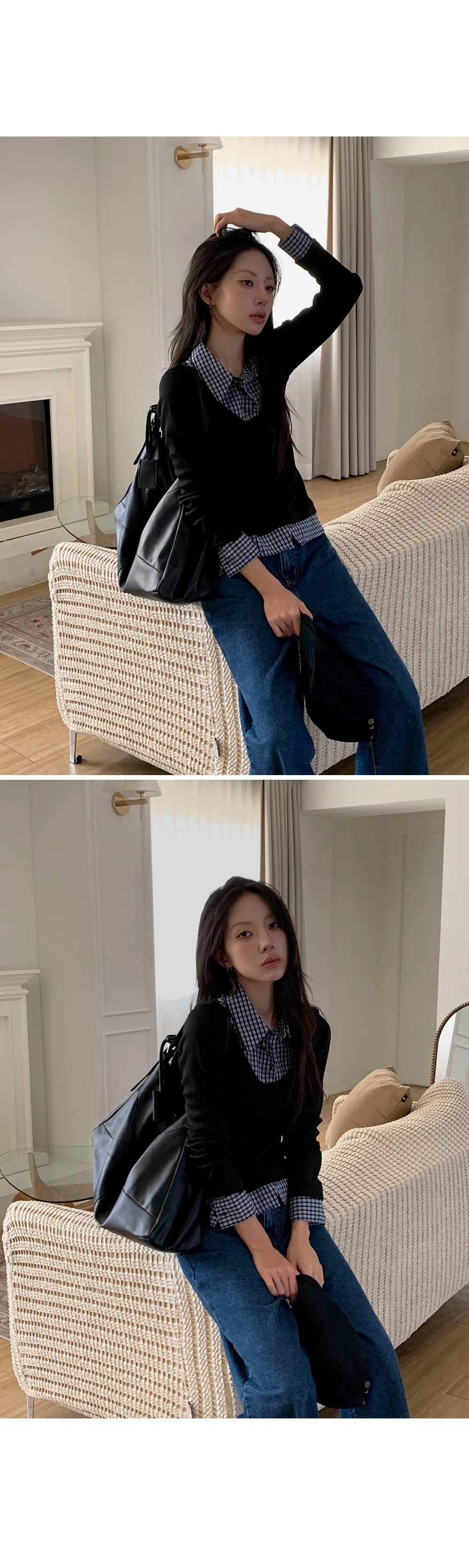 아티스 일체형 배색체크 레이어드 긴팔니트티