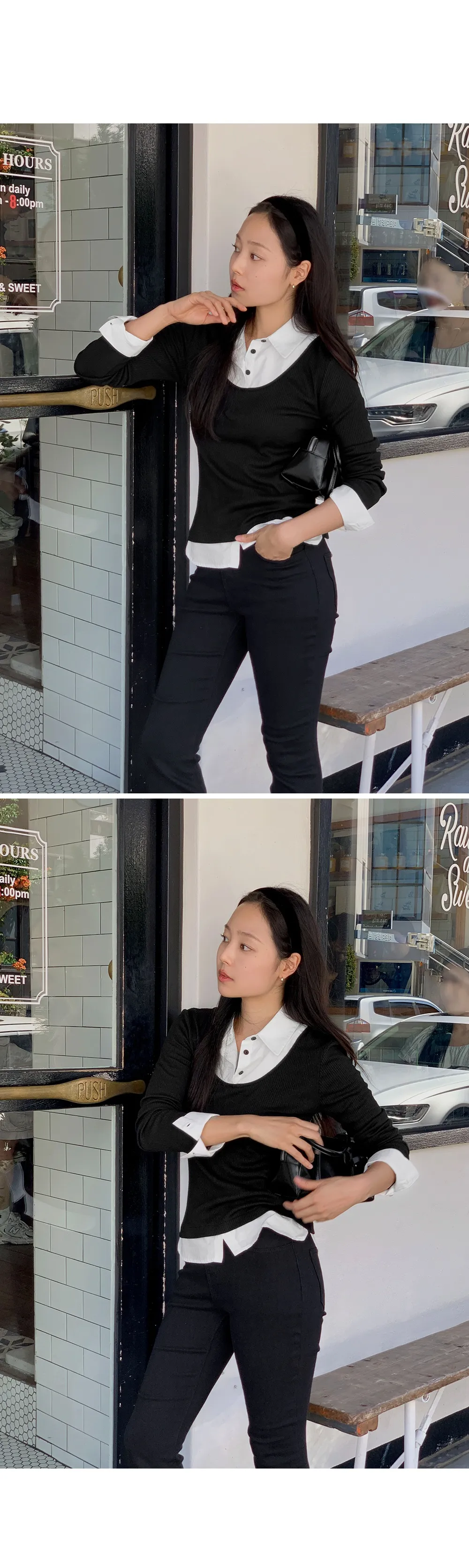 아티스 일체형 배색체크 레이어드 긴팔니트티