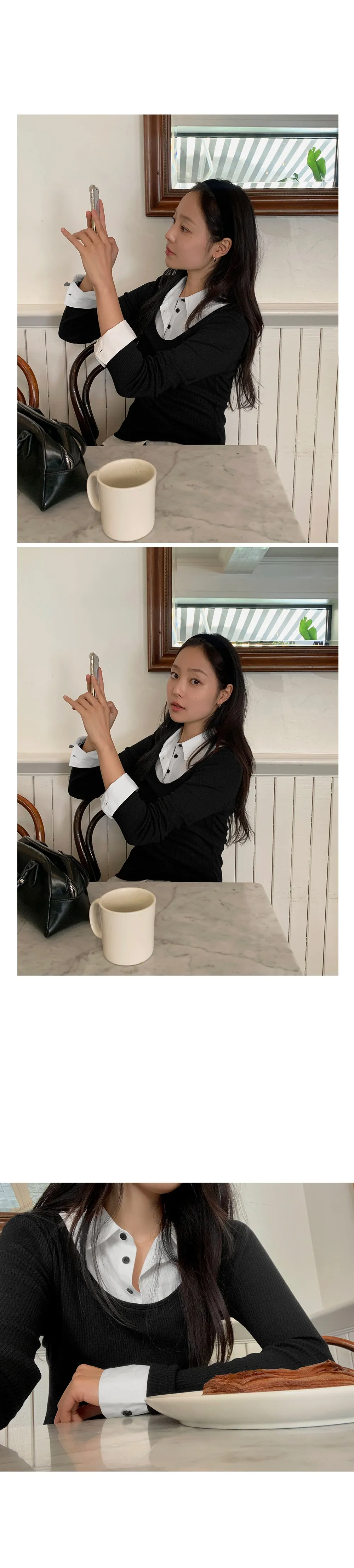 아티스 일체형 배색체크 레이어드 긴팔니트티