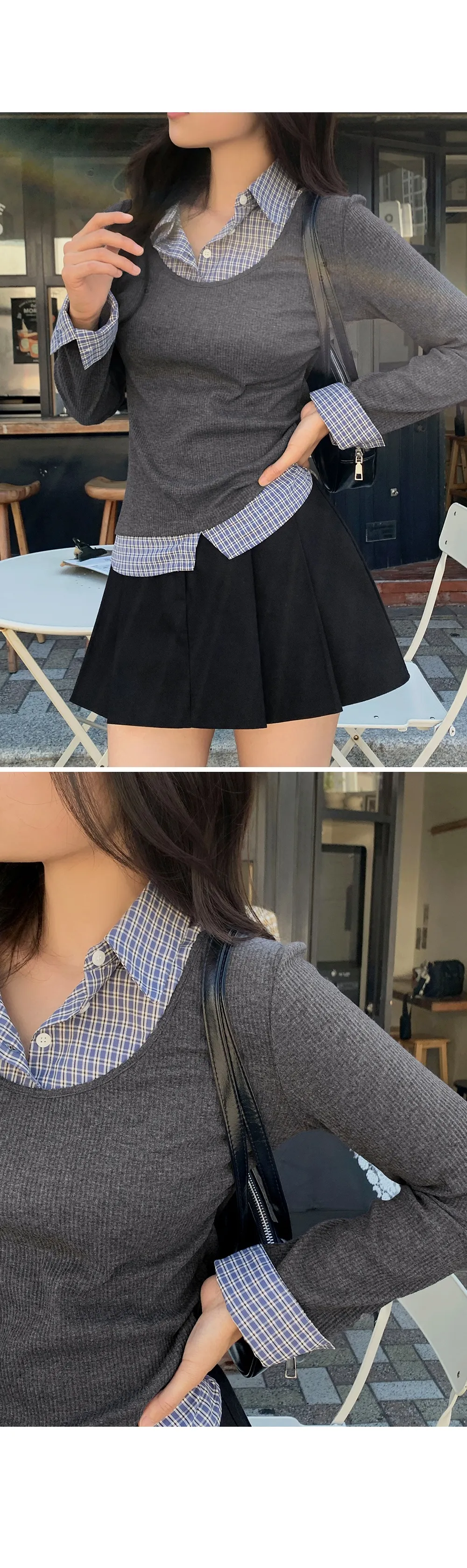 아티스 일체형 배색체크 레이어드 긴팔니트티