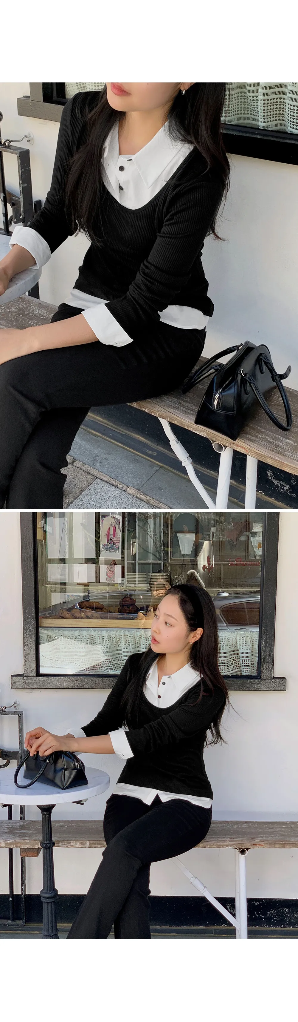 아티스 일체형 배색체크 레이어드 긴팔니트티