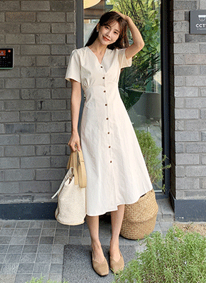 ストラップVネックボタンワンピース・全4色 | レディース