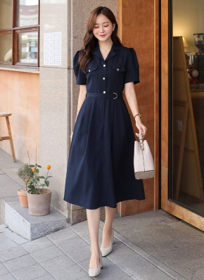 【3COLOR】 バブスリープ ベルテッド ワンピース セール】タイ付き付き パフスリーブ ギャザー ロング ワンピース