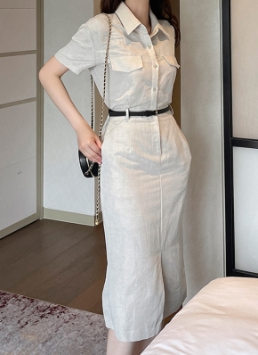 Donna Karan ベルト付きリネンブレンドシャツワンピース セール】 【1枚で着こなしが決まるベルト付きサファリシャツ