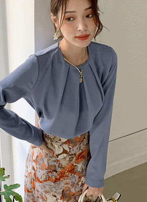 RABLAUCH　Stripe　M　半袖　ラウンドネック　ブラウス ラウンドネックタックブラウス／ウォッシャブル／ソフトクロス