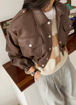 レザー調クロップドジャケット・全3色 | レディースファッション通販