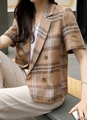FLAX　リネン　チェック　ジャケット M　古着　ショート　ホワイト　ベージュ チェック柄半袖リネンジャケット | レディースファッション通販 - DHOLIC