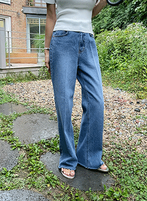 2色★クール素材カットオフデザイン ストレートデニム/追跡有 カットオフストレートデニムパンツ・全2色 | レディース