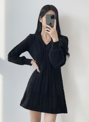 Vネックケーブルラインニットワンピース | レディースファッション通販