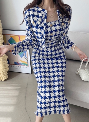 【新品未使用】ハウンドトゥースツイードドレス ハウンドトゥースツイードジャケット | レディースファッション通販