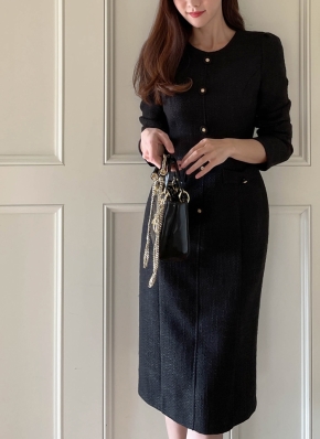 フェイクボタンツイードワンピース | レディースファッション通販 - DHOLIC