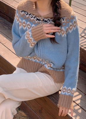 ノルディック柄ジップアップカーディガン | レディースファッション