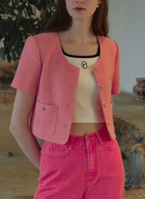 Donnah mabel 変形　ジャケット　ピンク　デザイン　ボタン シャネル ジャケット CHANEL ピンク 襟なし ココボタン ツイード