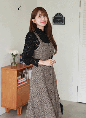 ウール混リボンチェックビスチェワンピース | レディースファッション