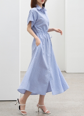 ストライプドロスト半袖シャツワンピース | レディースファッション