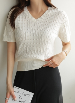 ストライプ Vネック ニット 半袖【最終値下げ】 ストライプ Vネック ニット 半袖【最終値下げ】