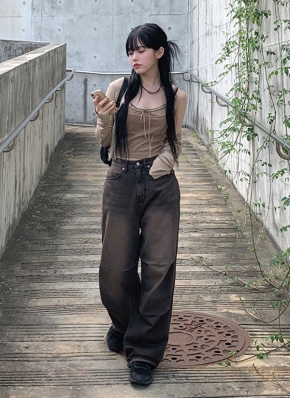 BELVET ダークデニム ワイドレッグパンツ BELVET ダークグレー ワイドレッグデニム