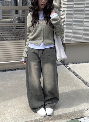 トゥデイフル　ダークグレー デニムパンツ　ワイドパンツ　【25】 ゆるだほ 2TYPEカーキグレーウォッシュワイドデニムパンツ | レディース