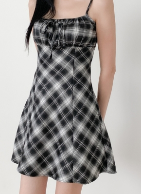 チェックギャザーリボンミニキャミワンピース | レディース