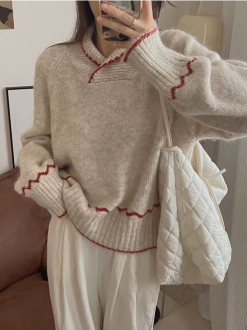 アルパカ混配色ショールカラーラグランニット | レディース