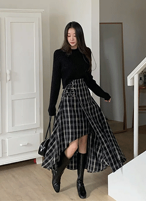 サイドベルトアンバランスチェックスカート | レディースファッション