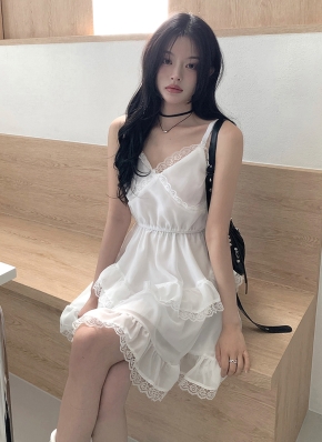 ティアード☆ワンピース ミディ Vネック 透け感 シフォン レース Vネックレースティアードシフォンキャミワンピース | レディース