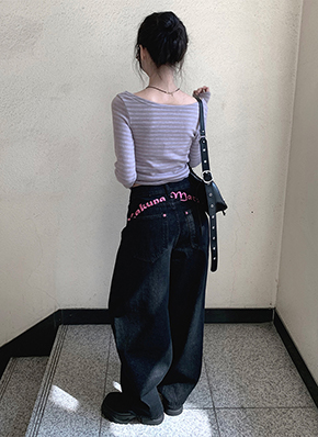 ローズパッチピンク刺繍ワイドデニムパンツ | レディースファッション