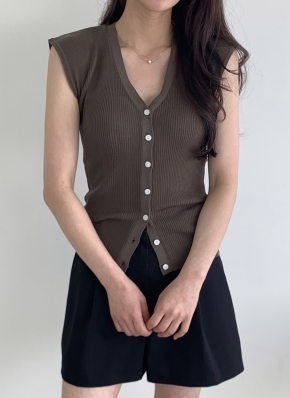 【セット販売】ベーシッククルーネックカーディガン、ノースリーブリブニットトップス リブニットVネックカーディガンノースリーブ | レディースファッション