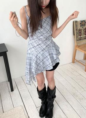 フリルアンバランスバックリボンチェックキャミワンピース