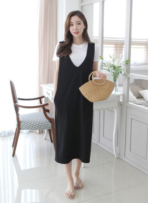 Vネックロングレイヤードワンピース | レディースファッション