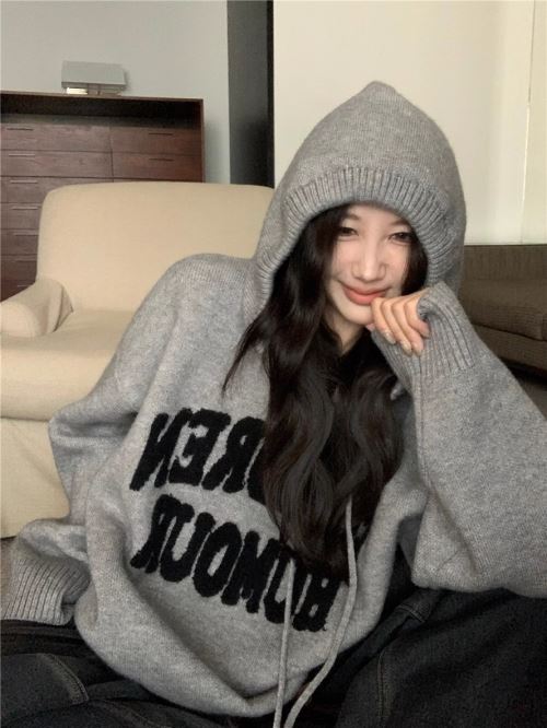 ニットフードボクシールーズ長袖ロゴジップパーカー | レディース