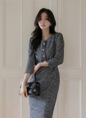 2TYPEツイードウール混スリットパール調ボタンワンピース | レディース