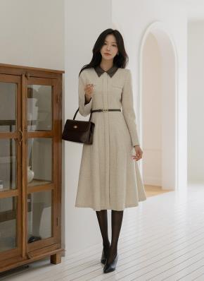 ChristianDior 2024 ツイードロングワンピース ベルト Aライン ツイードカラー肩パッドロングAラインワンピースベルト付 | レディース