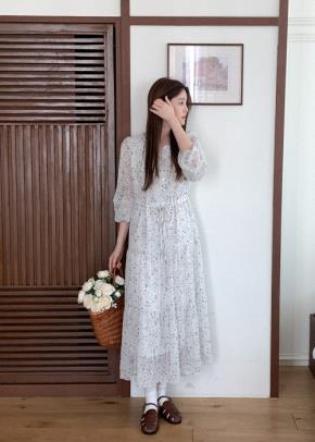 ボタンロングパフスリーブ長袖ドローストリング星柄ワンピース