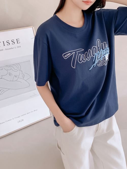 コットンラウンドネックベーシックルーズ半袖ロゴTシャツ | レディース